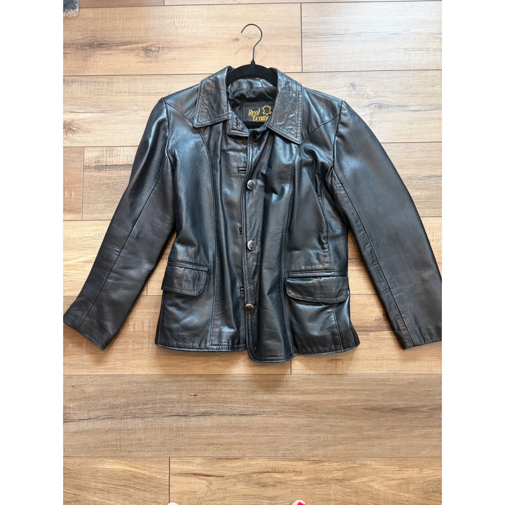 Vintage Real Leather Made in England Black Blazer Jacket Regiment Crest Buttons